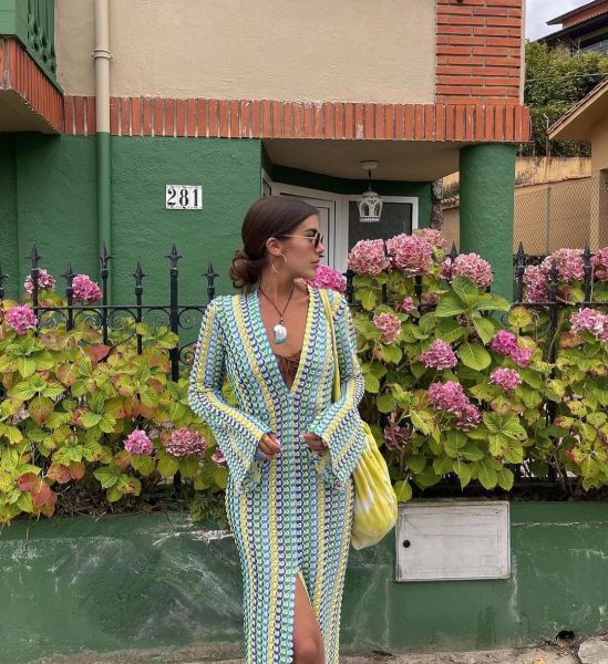 Color blocked lace hollow out low cut front slit jumpsuit long skirt