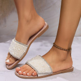 Sparkling pearl square toe flat bottomed slippers