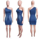 Slanted shoulder tight waist elastic wash denim dress