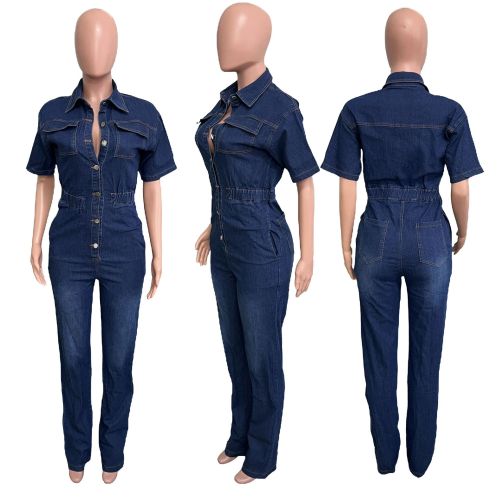 Elastic short sleeved small toe washed denim jumpsuit