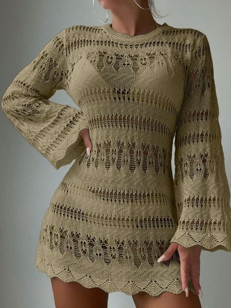 Hollow mesh long sleeved sunscreen shirt for vacation bikini cover