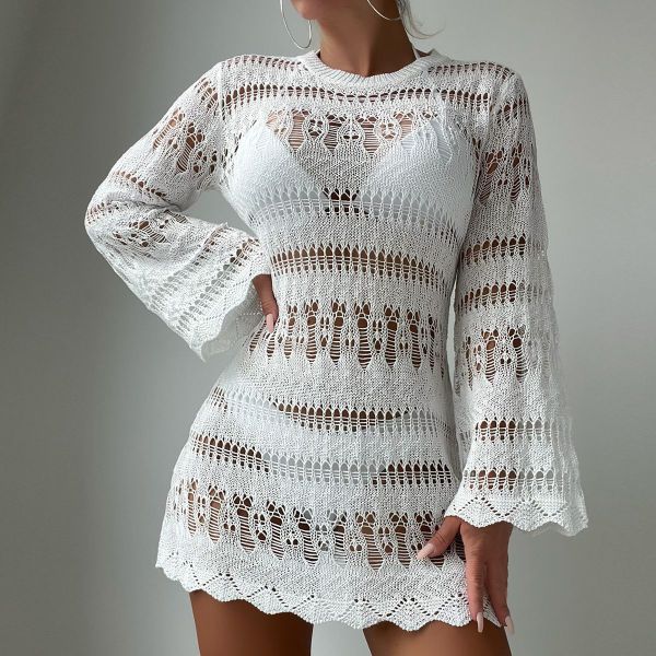 Hollow mesh long sleeved sunscreen shirt for vacation bikini cover