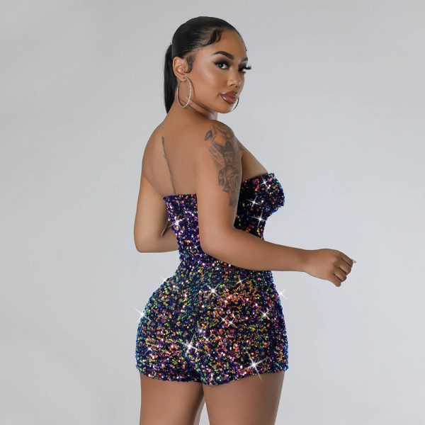 Strapless zipper jumpsuit sequined party skirt pants