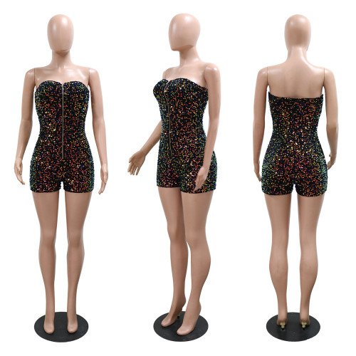 Strapless zipper jumpsuit sequined party skirt pants