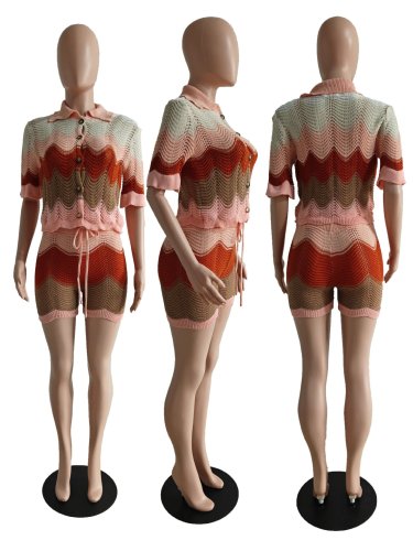 Knitted short sleeved shorts casual set two-piece set