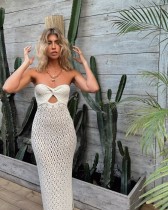 Strapless open mesh hollow knit elastic hip hugging dress Strapless open mesh hollow knit elastic hip hugging dress