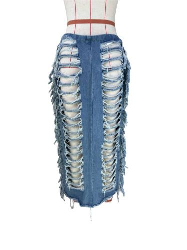 Personalized handmade distressed slit fringe denim skirt