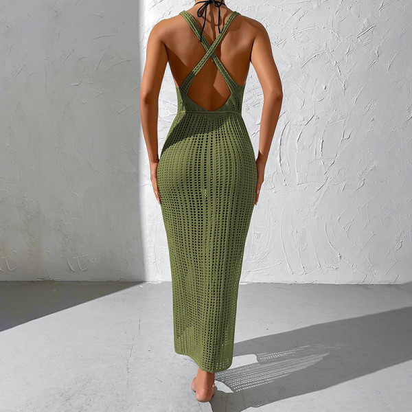 Beach Knitted Hoodie Skirt with Hollow Out Backless Dress