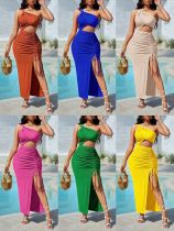 Oblique shoulder dress with design sense