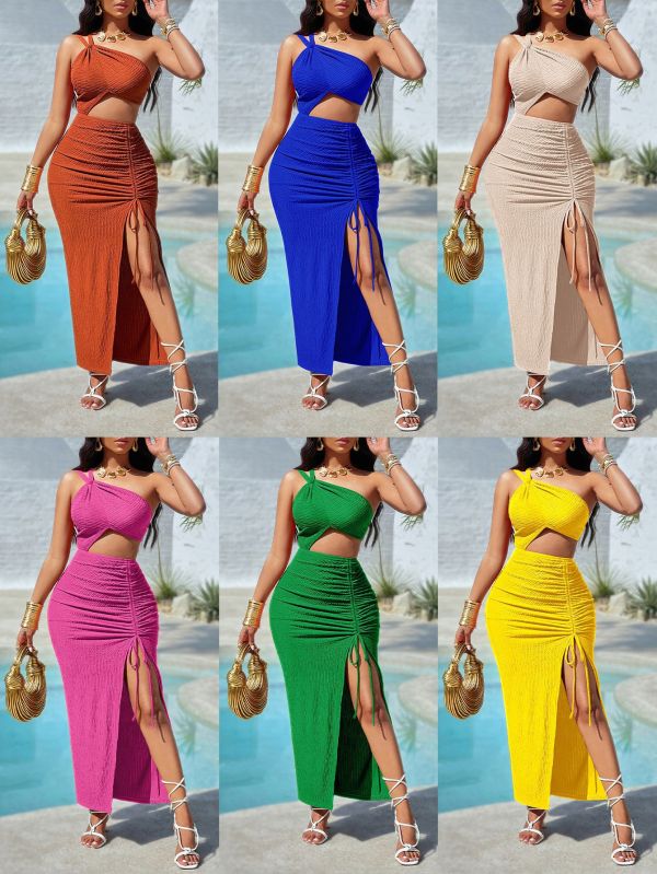 Oblique shoulder dress with design sense