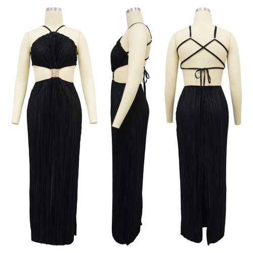 Women's pleated lace up evening gown with a split back dress