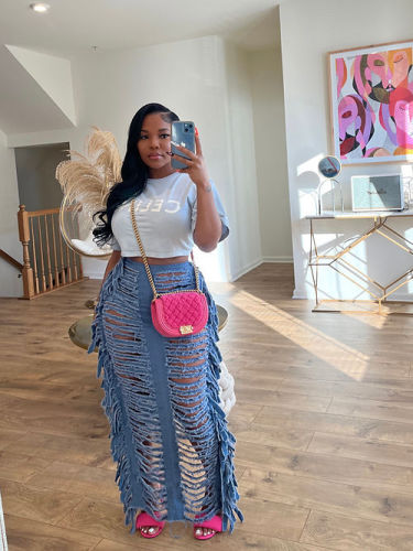 Personalized handmade distressed slit fringe denim skirt