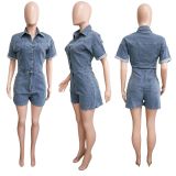 High stretch short sleeved loose washed denim jumpsuit