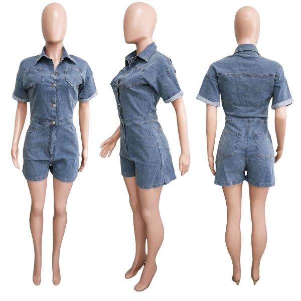 High stretch short sleeved loose washed denim jumpsuit