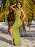 Solid color sexy hanging neck hollow metal buckle decorative buckle dress