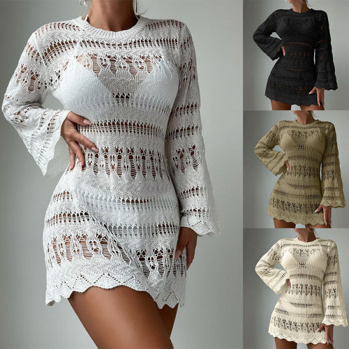 Hollow mesh long sleeved sunscreen shirt for vacation bikini cover