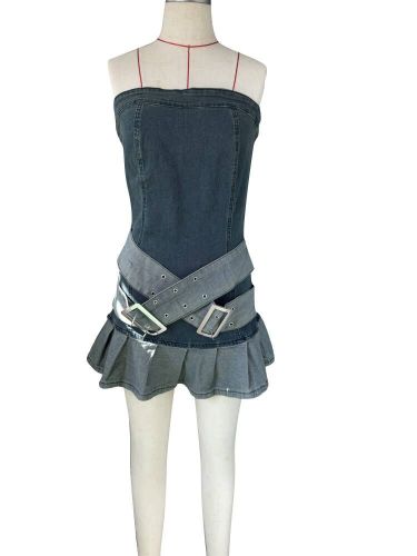 Strapless denim skirt with pleated elastic denim skirt