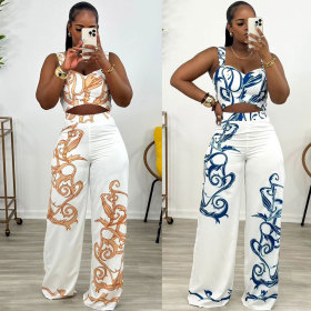 Printed suspender high waisted wide leg pants two-piece set