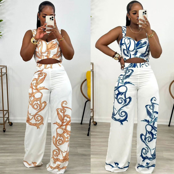 Printed suspender high waisted wide leg pants two-piece set