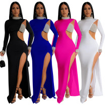 Solid color rhinestone long sleeved high slit dress
