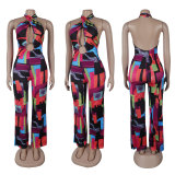 Printed cross hanging neck, backless elastic slim fit jumpsuit