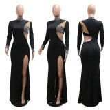 Solid color rhinestone long sleeved high slit dress