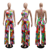 Printed short lace up top wide leg pants set