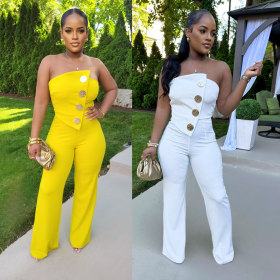 Sleeveless strapless, hip hugging, elastic wide leg jumpsuit