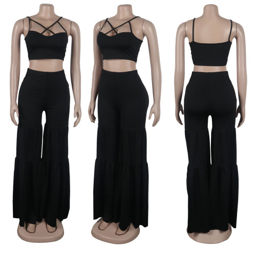 Elastic flared pants strap two-piece set