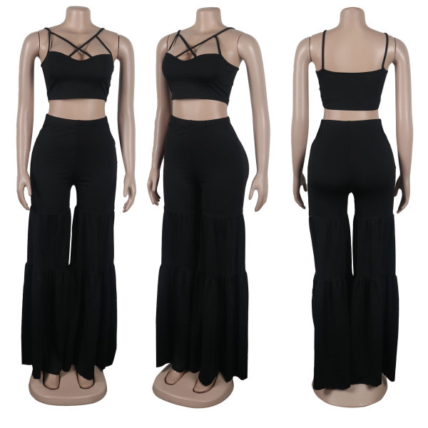 Elastic flared pants strap two-piece set