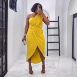 Solid color pleated strapless slim slit dress