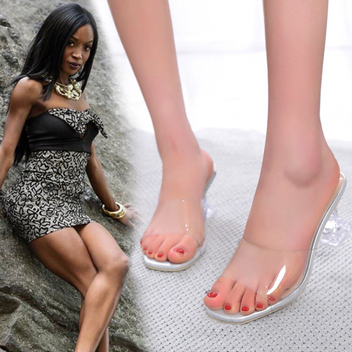 Ladies' high-heeled sandals with crystal heels and a straight strap with exposed toes