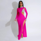 Solid color rhinestone long sleeved high slit dress