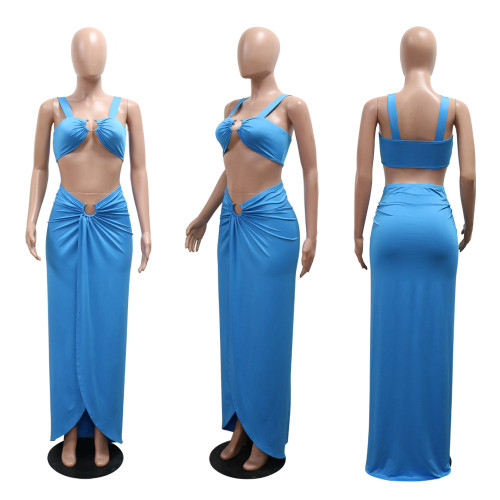 Two piece set of suspender short top paired with high slit hip hugging half skirt