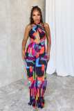 Printed cross hanging neck, backless elastic slim fit jumpsuit