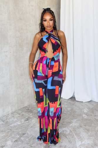 Printed cross hanging neck, backless elastic slim fit jumpsuit