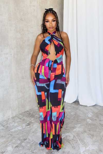 Printed cross hanging neck, backless elastic slim fit jumpsuit