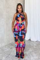 Printed cross hanging neck, backless elastic slim fit jumpsuit Printed cross hanging neck, backless elastic slim fit jumpsuit