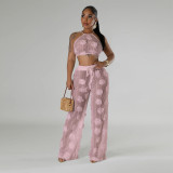 Lace up short top, loose pants, see through two-piece set
