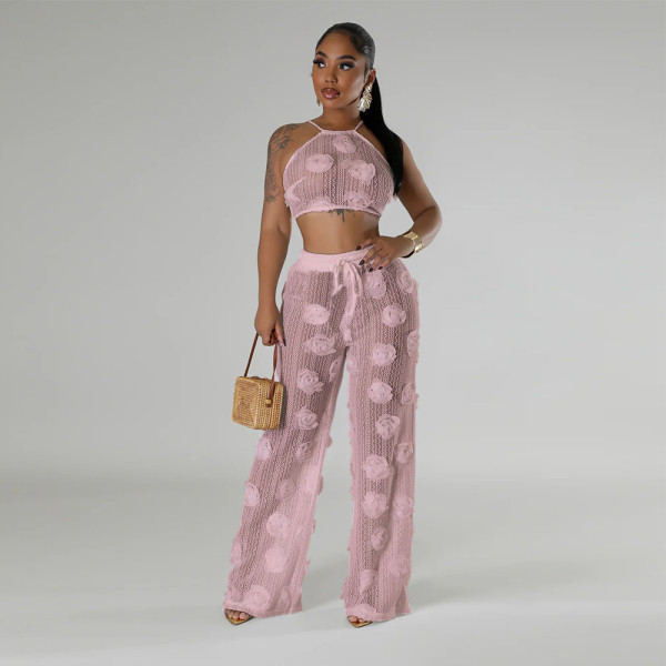 Lace up short top, loose pants, see through two-piece set