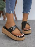 Thick soled plus size toe wedge heel buckle slippers