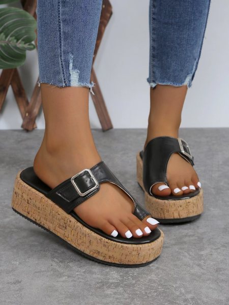 Thick soled plus size toe wedge heel buckle slippers