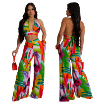 Printed short lace up top wide leg pants set