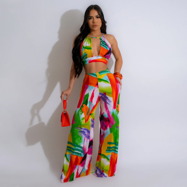 Printed short lace up top wide leg pants set