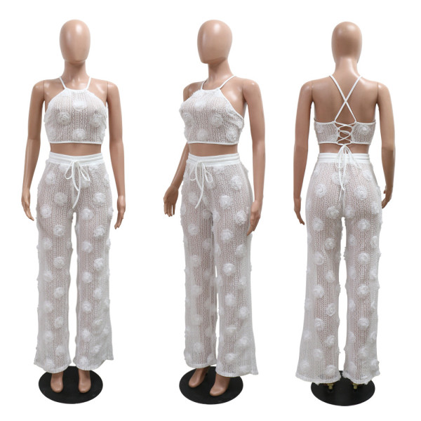 Lace up short top, loose pants, see through two-piece set