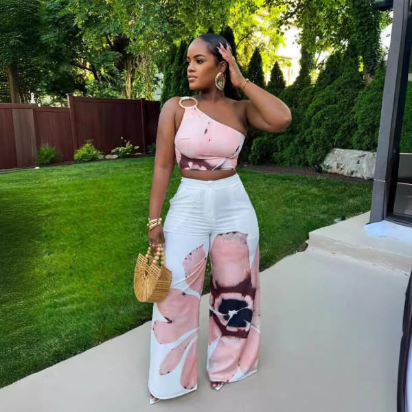 Printed one shoulder slim fit wide leg pants two-piece set