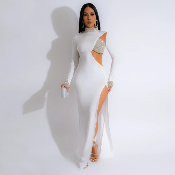 Solid color rhinestone long sleeved high slit dress