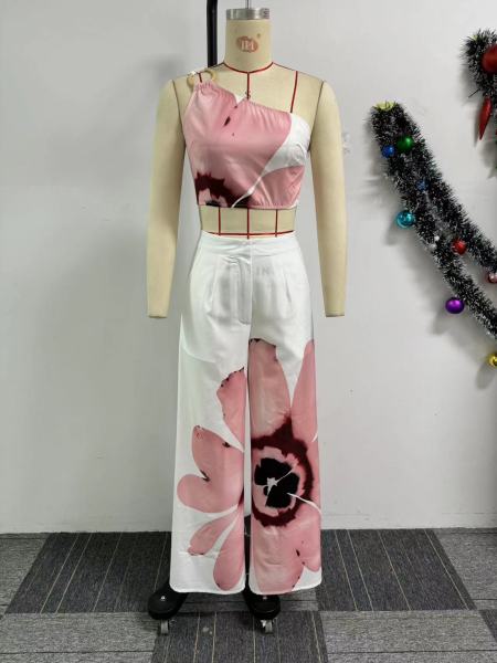 Printed one shoulder slim fit wide leg pants two-piece set