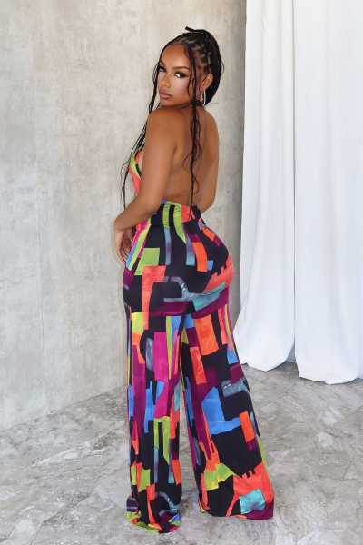 Printed cross hanging neck, backless elastic slim fit jumpsuit