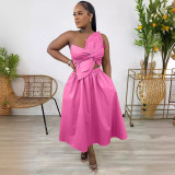 Solid color single shoulder petal hollow dress
